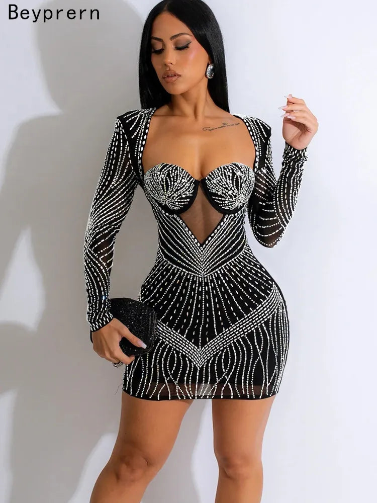 Belle Mini Robe rembourrée en strass noir , Robe de soirée tenues,d'anniversaire