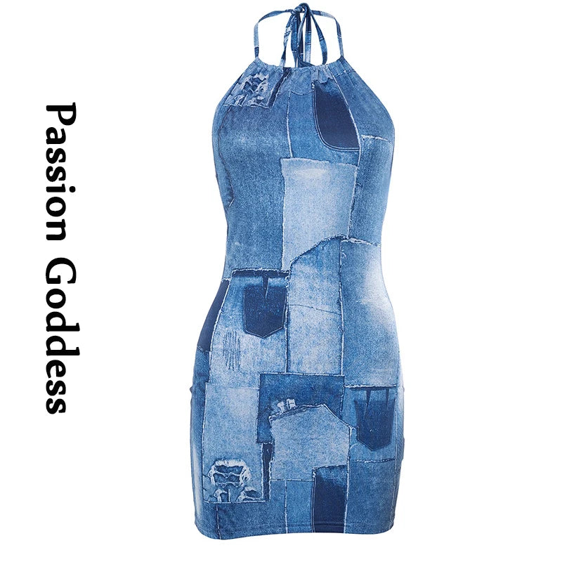 Summer Dress Women Blue Jeans Pattern Sleeveless Bodycon Dress